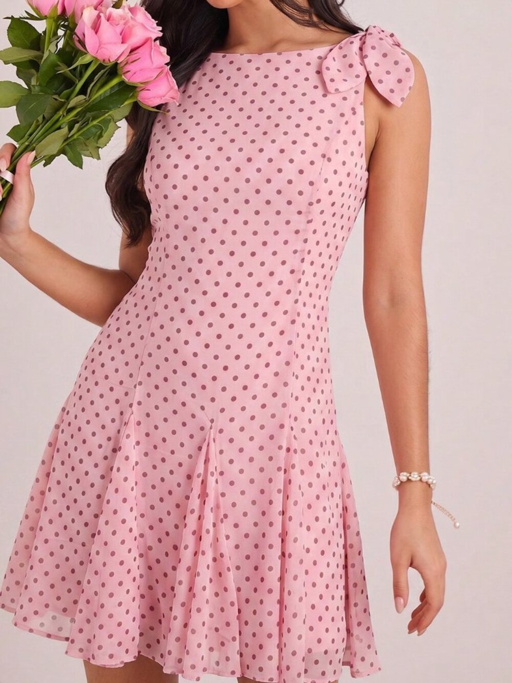 Pink French Women's Elegant Polka Dot Pleated Mini Dress - Picture 9 of 9